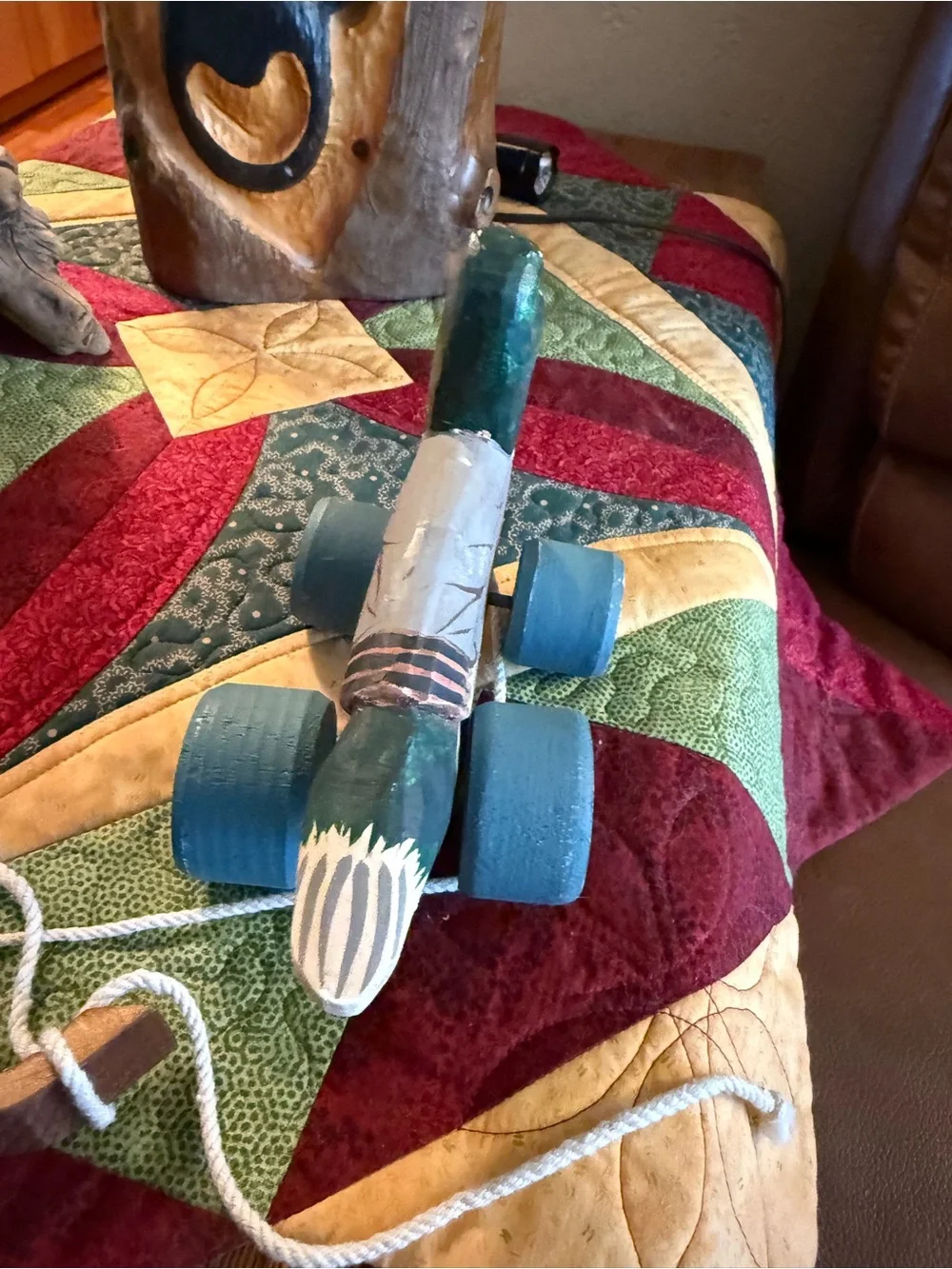 Vintage Hand-Painted Wooden Mallard Pull Toy Green/Brown/Blue